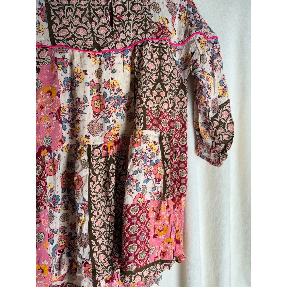 Zara Kids Girls Patchwork Floral Tiered Dress Pink Brown Size 11-12 Boho